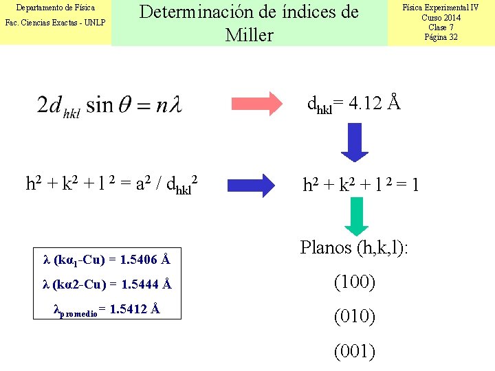 Departamento de Física Fac. Ciencias Exactas - UNLP Determinación de índices de Miller Física