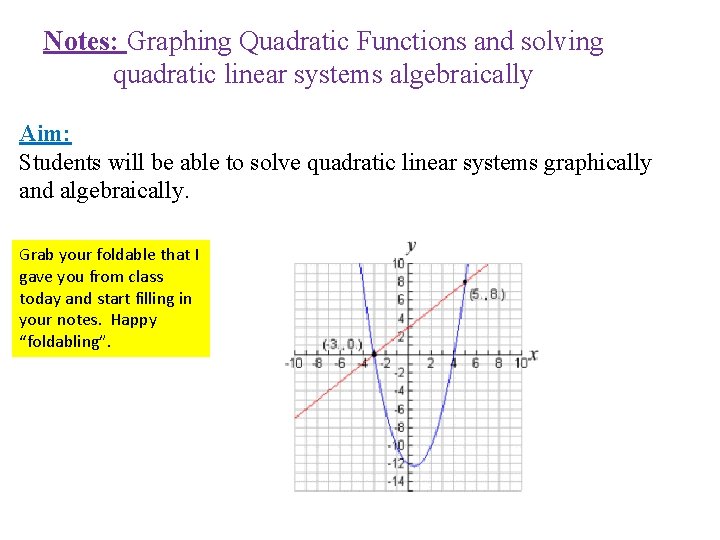 Notes: Graphing Quadratic Functions and solving quadratic linear systems algebraically Aim: Students will be