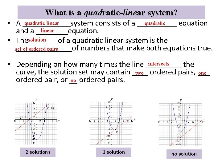 What is a quadratic-linear system? quadratic linear quadratic • A ______system consists of a