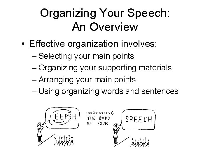 Organizing Your Speech: An Overview • Effective organization involves: – Selecting your main points