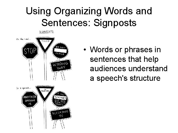 Using Organizing Words and Sentences: Signposts • Words or phrases in sentences that help