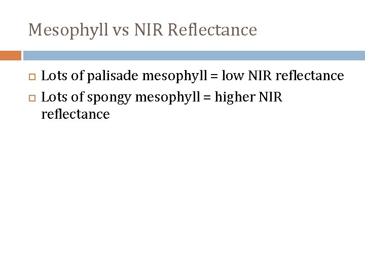 Mesophyll vs NIR Reflectance Lots of palisade mesophyll = low NIR reflectance Lots of