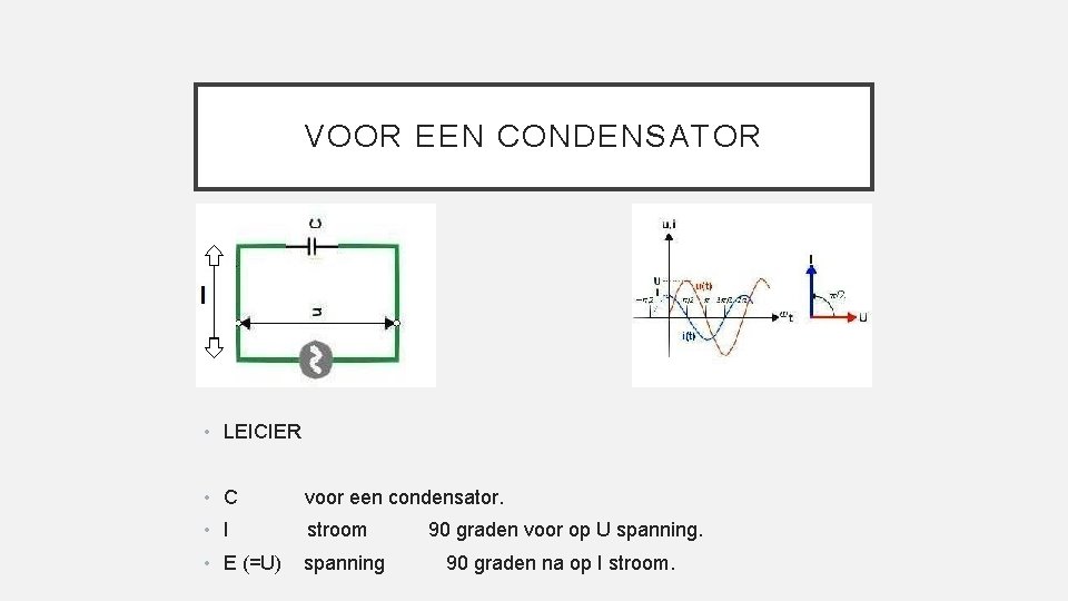 VOOR EEN CONDENSATOR • LEICIER • C voor een condensator. • I stroom •