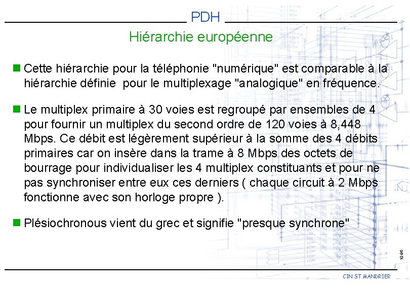 PDH Hiérarchie européenne n Cette hiérarchie pour la téléphonie "numérique" est comparable à la