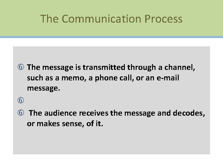 The Communication Process The message is transmitted through a channel, such as a memo,