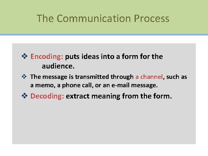 The Communication Process v Encoding: puts ideas into a form for the audience. v