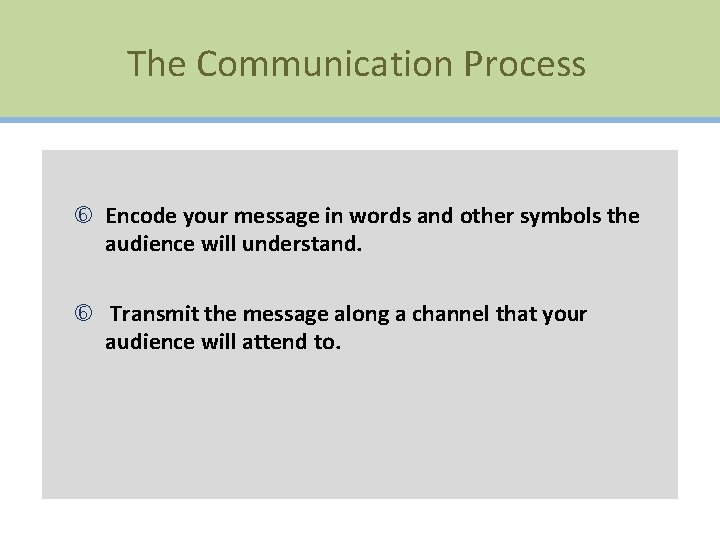 The Communication Process Encode your message in words and other symbols the audience will