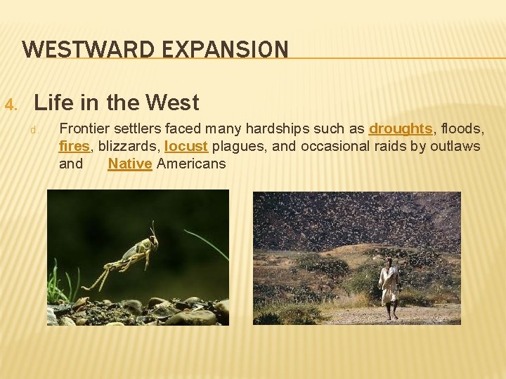 WESTWARD EXPANSION 4. Life in the West d. Frontier settlers faced many hardships such