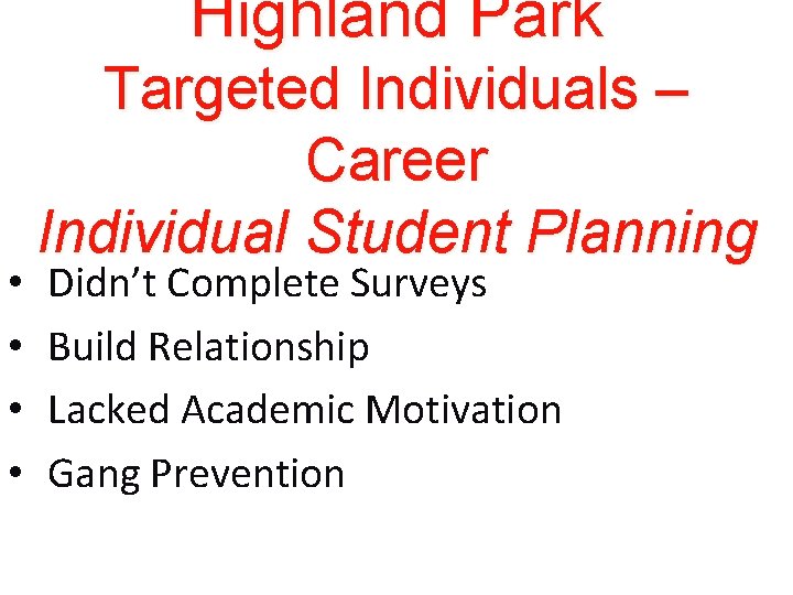 Highland Park • • Targeted Individuals – Career Individual Student Planning Didn’t Complete Surveys