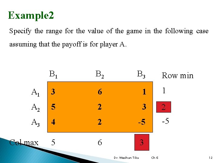 Example 2 Specify the range for the value of the game in the following