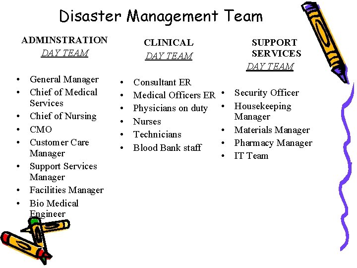 Disaster Management Team ADMINSTRATION DAY TEAM • General Manager • Chief of Medical Services