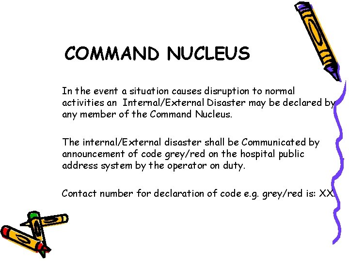 COMMAND NUCLEUS In the event a situation causes disruption to normal activities an Internal/External