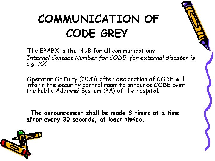 COMMUNICATION OF CODE GREY The EPABX is the HUB for all communications Internal Contact