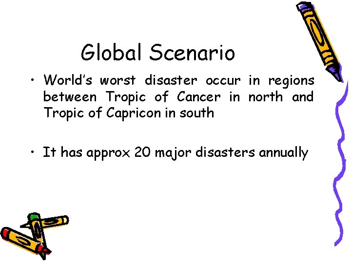 Global Scenario • World’s worst disaster occur in regions between Tropic of Cancer in