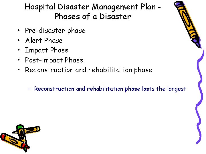 Hospital Disaster Management Plan Phases of a Disaster • • • Pre-disaster phase Alert