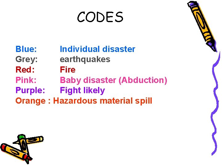 CODES Blue: Individual disaster Grey: earthquakes Red: Fire Pink: Baby disaster (Abduction) Purple: Fight