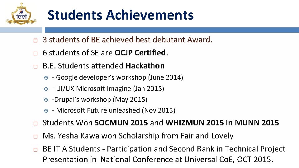 Students Achievements 3 students of BE achieved best debutant Award. 6 students of SE