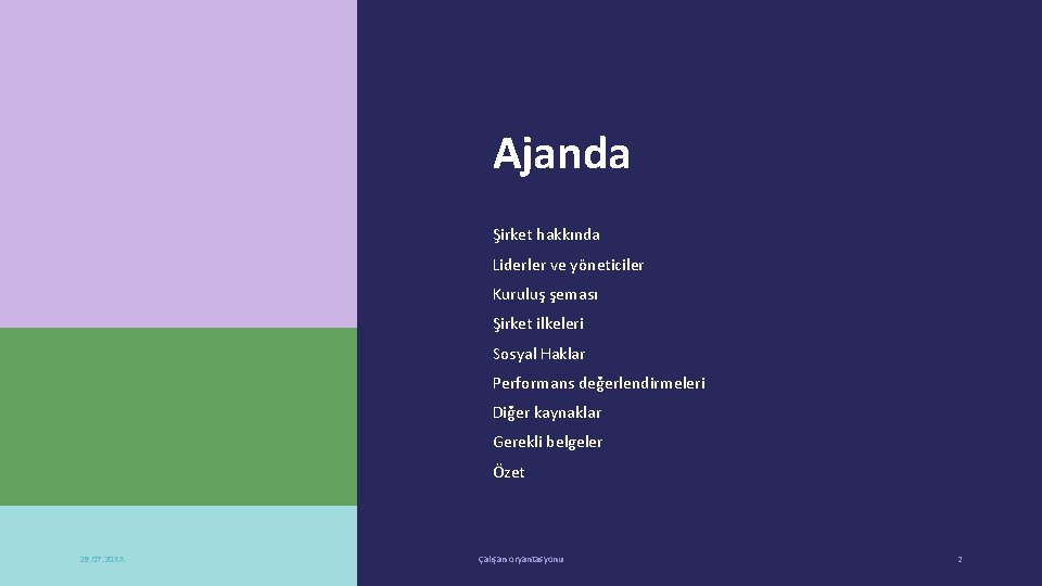 Ajanda Şirket hakkında Liderler ve yöneticiler Kuruluş şeması Şirket ilkeleri Sosyal Haklar Performans değerlendirmeleri