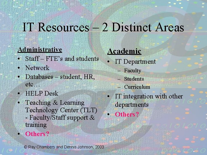 IT Resources – 2 Distinct Areas Administrative • Staff – FTE’s and students •