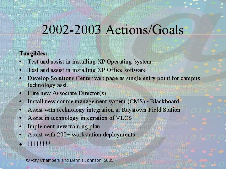 2002 -2003 Actions/Goals Tangibles: • Test and assist in installing XP Operating System •