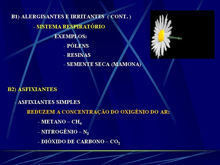 B 1) ALERGISANTES E IRRITANTES ( CONT. ) - SISTEMA RESPIRATÓRIO - EXEMPLOS: -