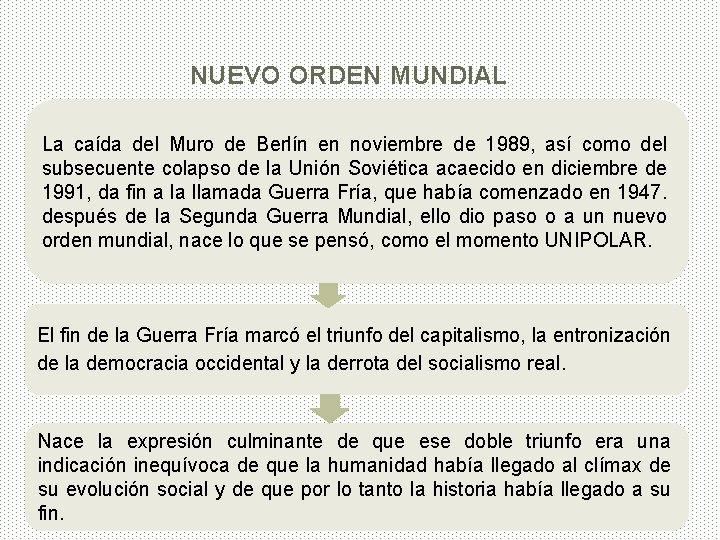 NUEVO ORDEN MUNDIAL La caída del Muro de Berlín en noviembre de 1989, así