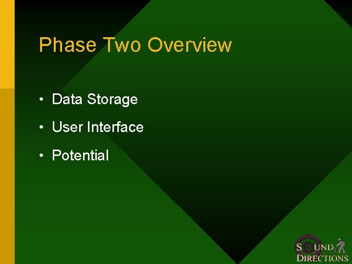 Phase Two Overview • Data Storage • User Interface • Potential 