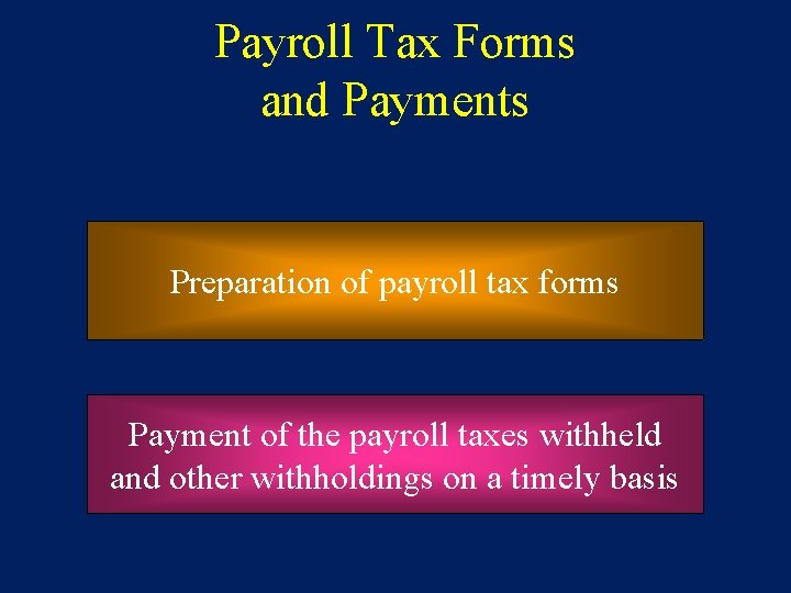 Payroll Tax Forms and Payments Preparation of payroll tax forms Payment of the payroll