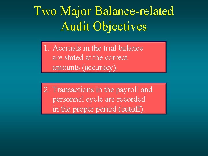 Two Major Balance-related Audit Objectives 1. Accruals in the trial balance are stated at