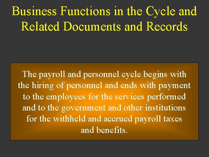 Business Functions in the Cycle and Related Documents and Records The payroll and personnel