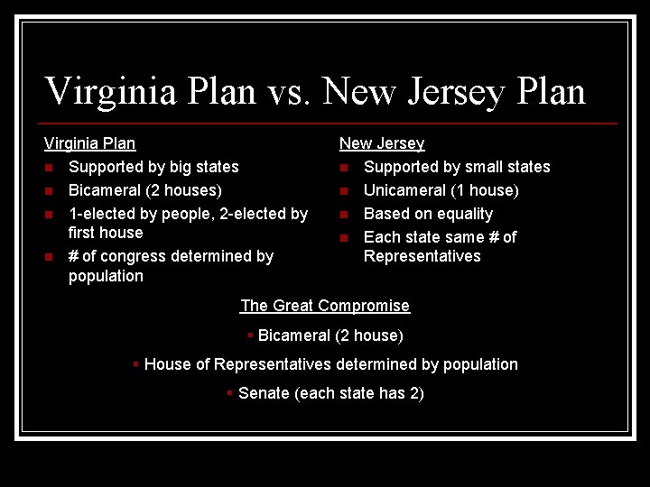 Virginia Plan vs. New Jersey Plan Virginia Plan n Supported by big states n