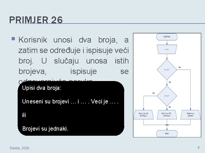 PRIMJER 26 § Korisnik unosi dva broja, a zatim se određuje i ispisuje veći