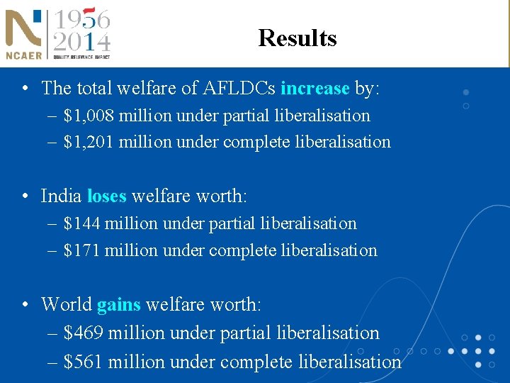 Results • The total welfare of AFLDCs increase by: – $1, 008 million under