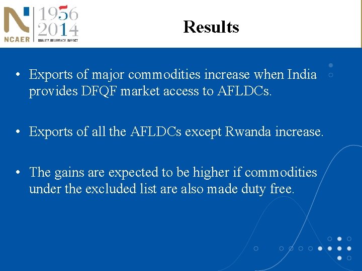 Results • Exports of major commodities increase when India provides DFQF market access to