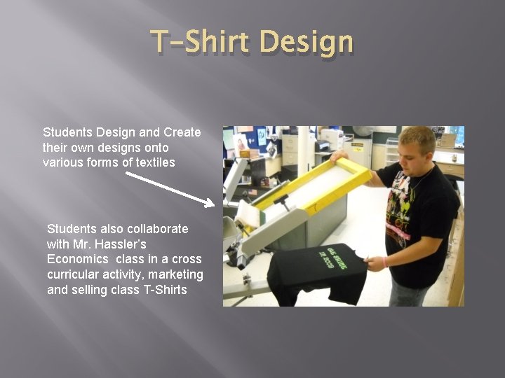 T-Shirt Design Students Design and Create their own designs onto various forms of textiles