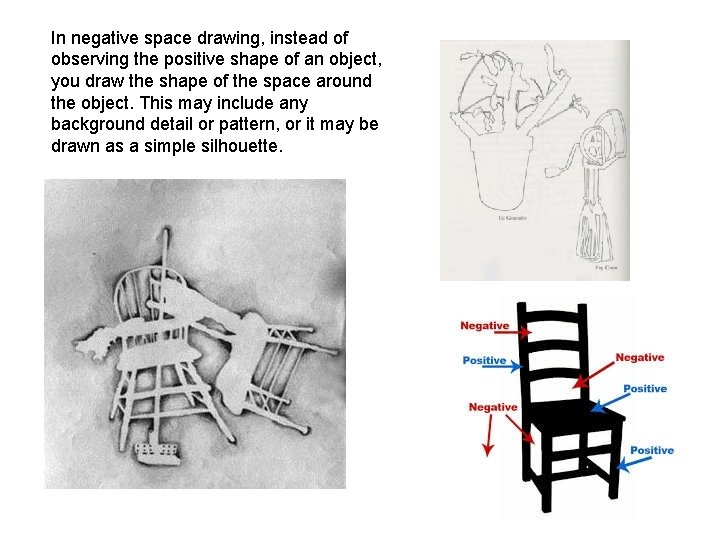 In negative space drawing, instead of observing the positive shape of an object, you