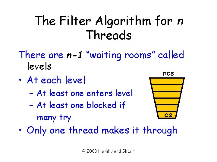 The Filter Algorithm for n Threads There are n-1 “waiting rooms” called levels ncs