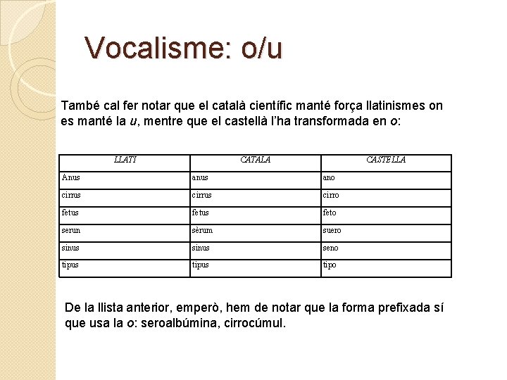 Vocalisme: o/u També cal fer notar que el català científic manté força llatinismes on