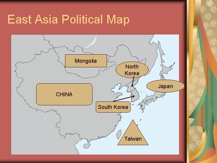 East Asia Political Map Mongolia North Korea Japan CHINA South Korea Taiwan 