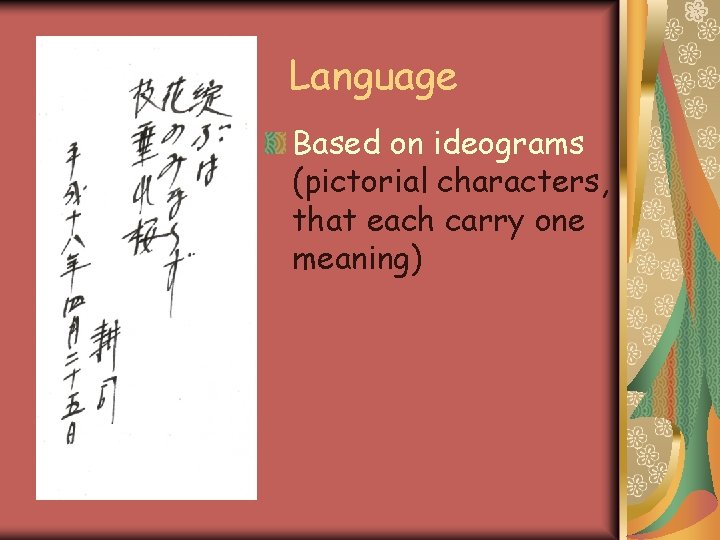 Language Based on ideograms (pictorial characters, that each carry one meaning) 