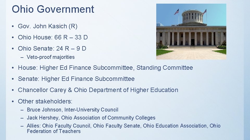 Ohio Government • Gov. John Kasich (R) • Ohio House: 66 R – 33