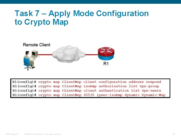 Task 7 – Apply Mode Configuration to Crypto Map ISCW-Mod 3_L 7 © 2007