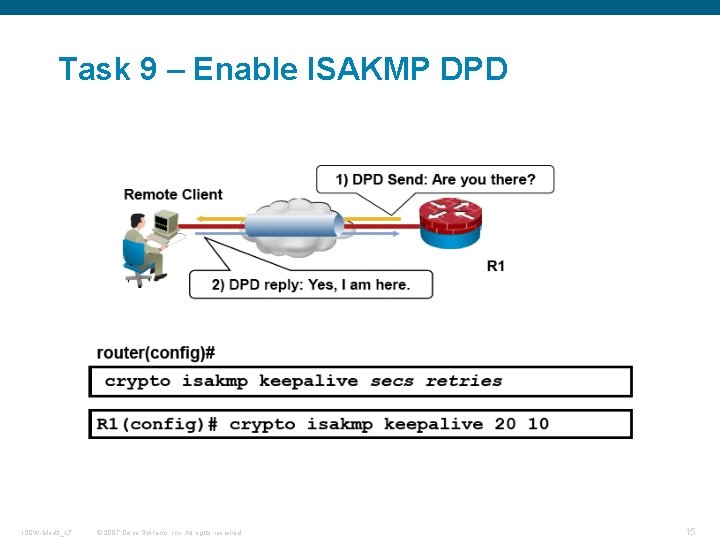 Task 9 – Enable ISAKMP DPD ISCW-Mod 3_L 7 © 2007 Cisco Systems, Inc.
