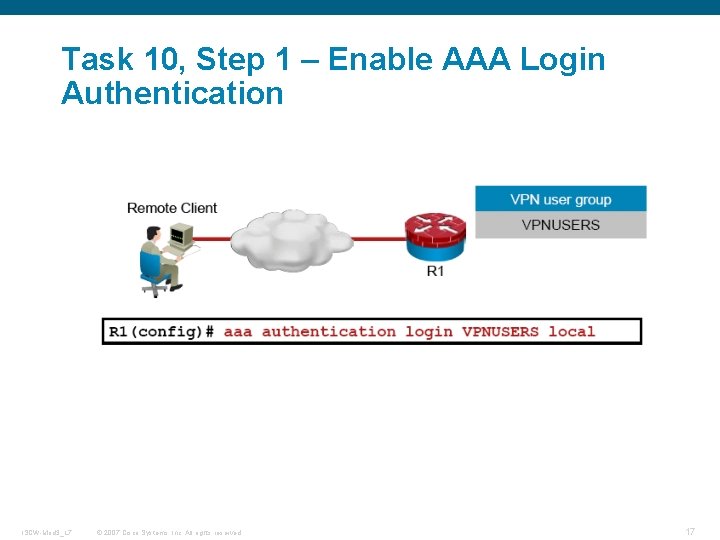Task 10, Step 1 – Enable AAA Login Authentication ISCW-Mod 3_L 7 © 2007