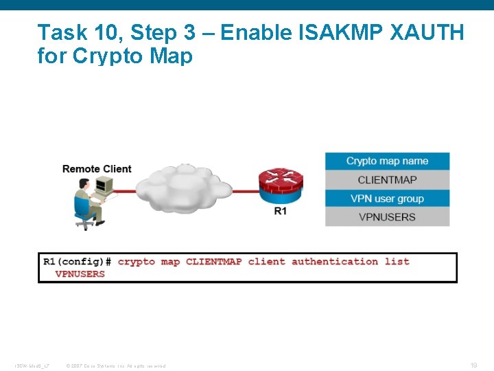 Task 10, Step 3 – Enable ISAKMP XAUTH for Crypto Map ISCW-Mod 3_L 7