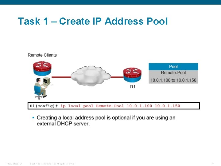 Task 1 – Create IP Address Pool ISCW-Mod 3_L 7 © 2007 Cisco Systems,