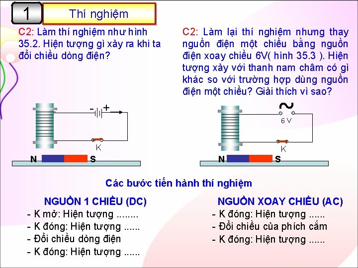 1 Thí nghiệm C 2: Làm thí nghiệm như hình 35. 2. Hiện tượng