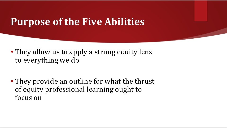 Purpose of the Five Abilities • They allow us to apply a strong equity