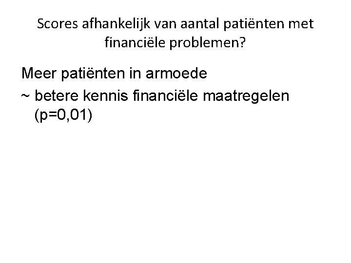 Scores afhankelijk van aantal patiënten met financiële problemen? Meer patiënten in armoede ~ betere