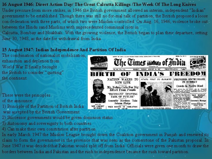 16 August 1946: Direct Action Day/ The Great Calcutta Killings /The Week Of The